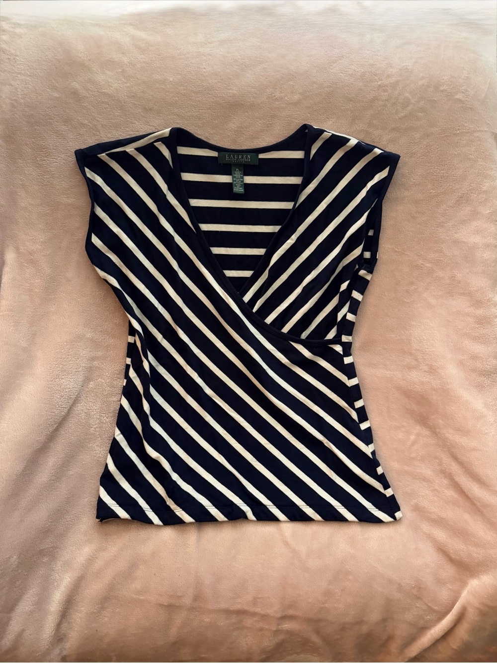 Ralph Lauren Navy and White Diagonal-Stripe Short Sleeve Wrap Top
